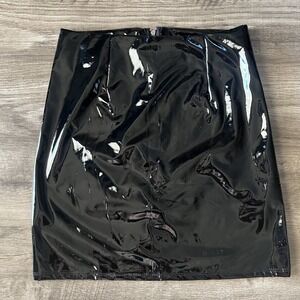 Fashion Nova Boot Camp Black Faux PU Leather Latex Zip Up Mini Skirt Size Small